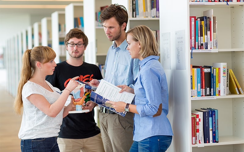 Vier Studierende stehen in einer Bibliothek und unterhalten sich 